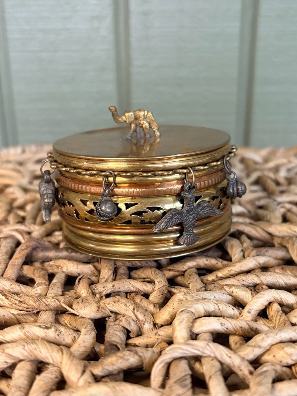 VTG Indian Brass Elephant Filigree Trinket Box Charms